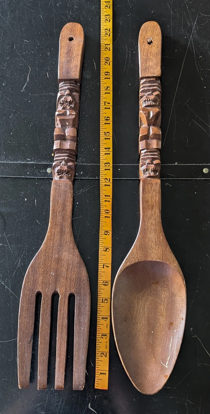 Carved Wooden Salad Servers Fork and Spoon