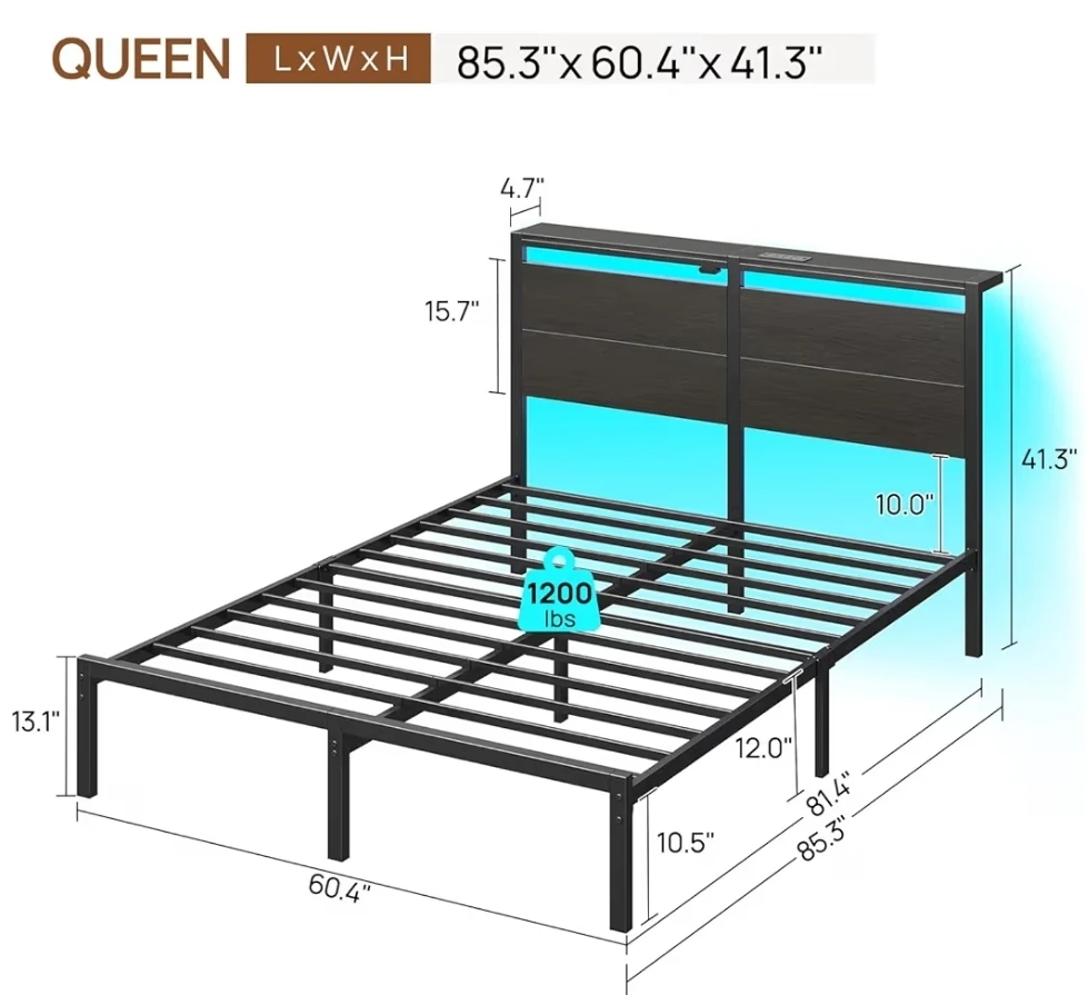Queen Size Bed Frame with LED Headboard