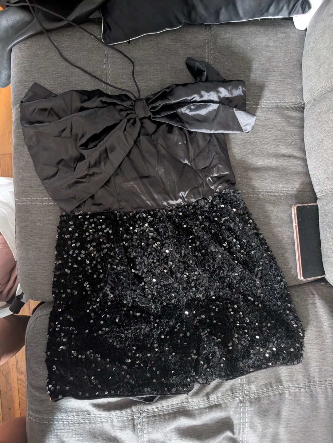 Black Sequin Strapless Dress with Bow