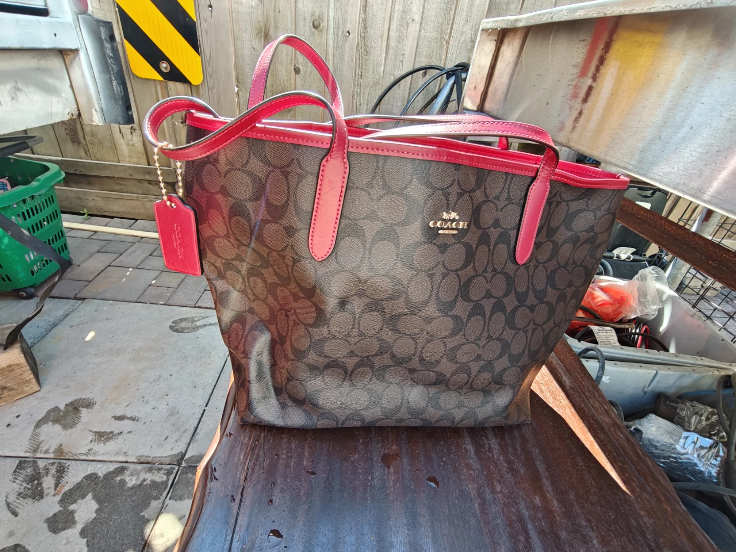 Coach Monogram Tote Bag with Red Trim