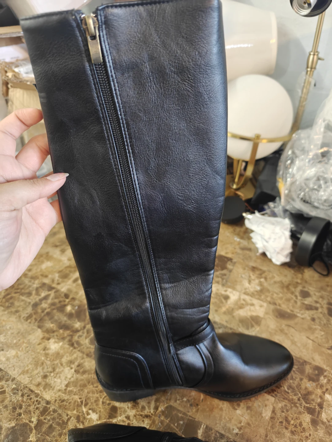 Black Faux Leather Knee-High Boots with Buckle Detail - photo 3
