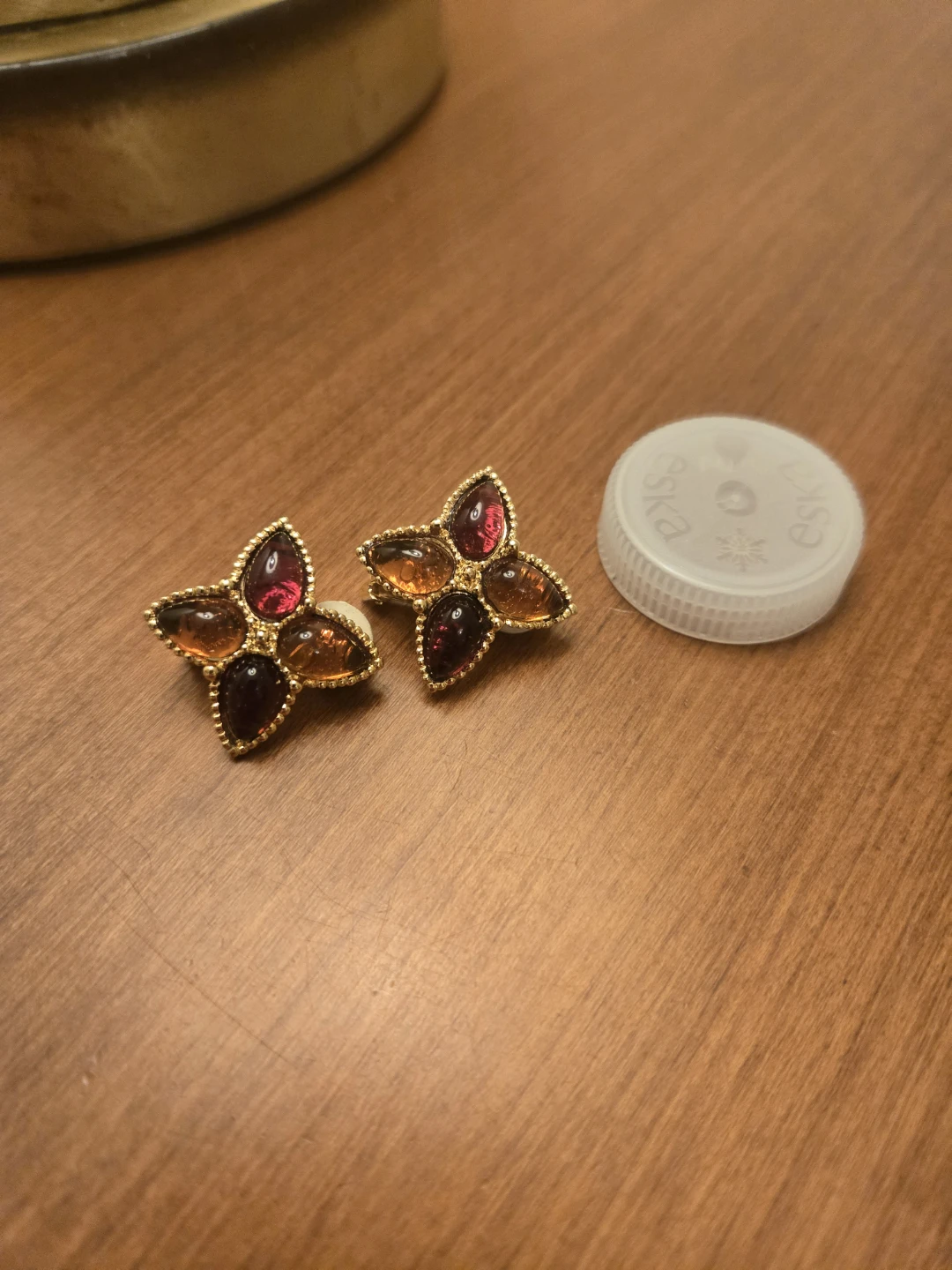 Vintage Clip-On Earrings with Amber, Red, and Brown Stones - photo 2