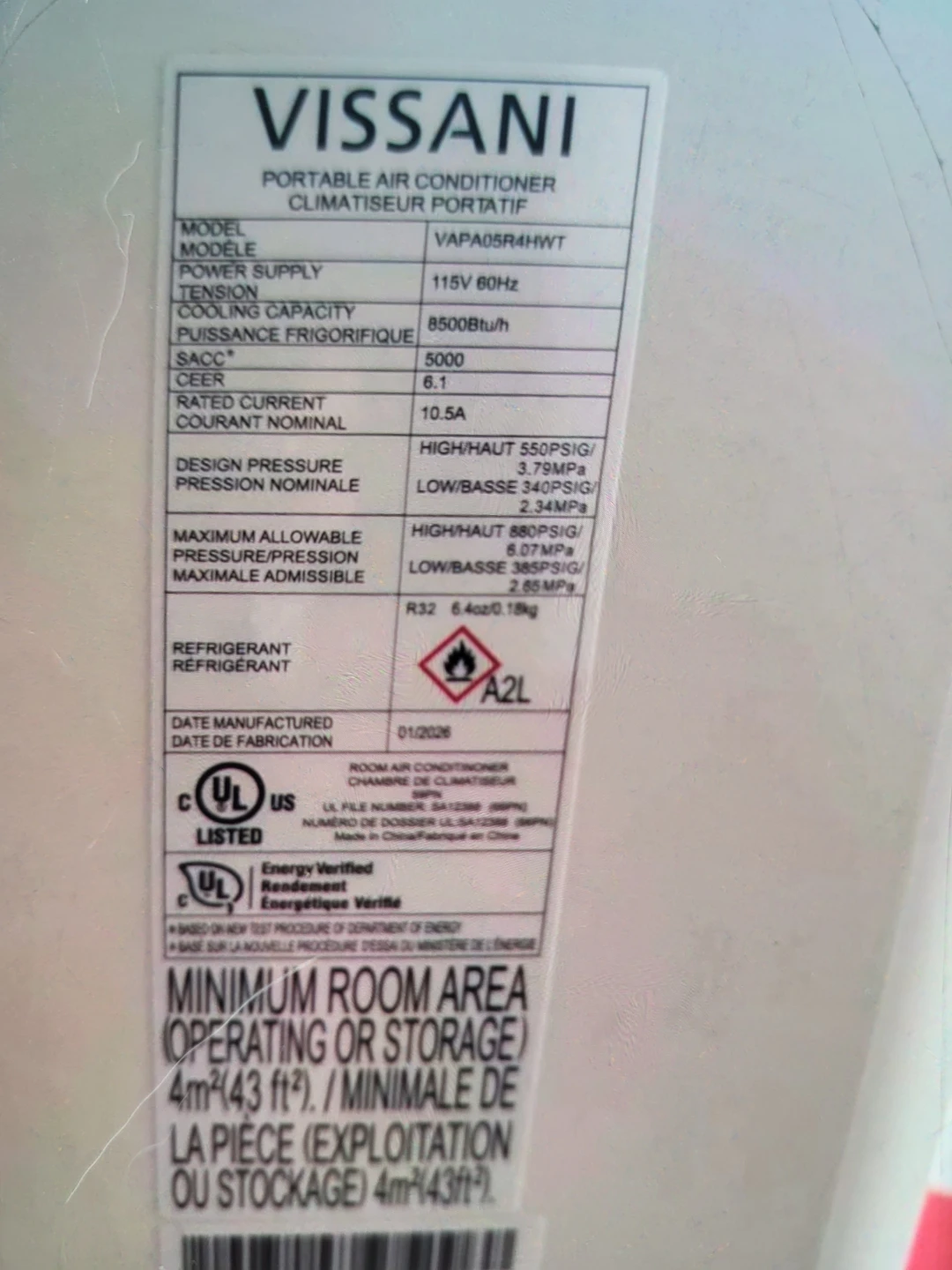 Vissani Portable Air Conditioner VAPA05R4HWT - photo 2