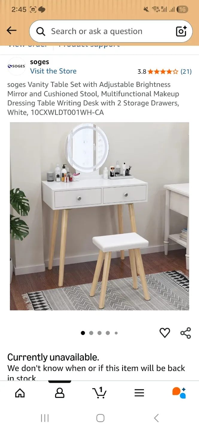 Soges Vanity Table Set with Stool - White