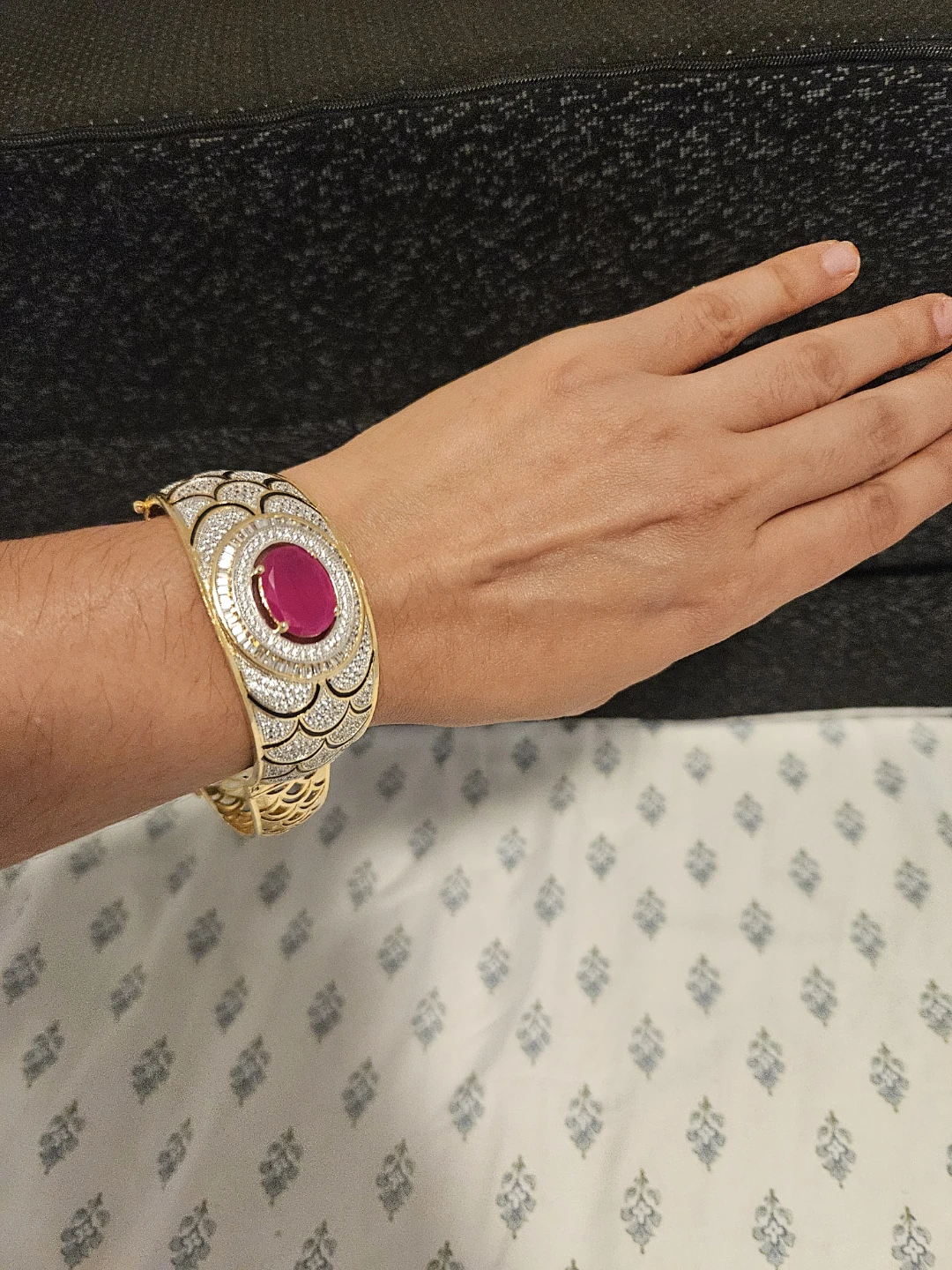 Gold Tone Bangle Bracelet with Pink Stone Accent - photo 2