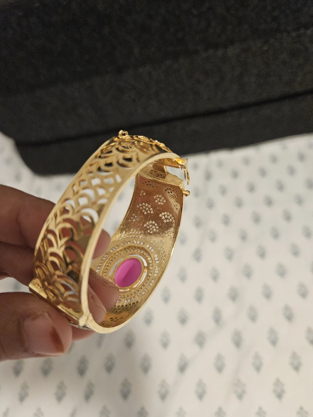 Gold Tone Bangle Bracelet with Pink Stone Accent - photo 4