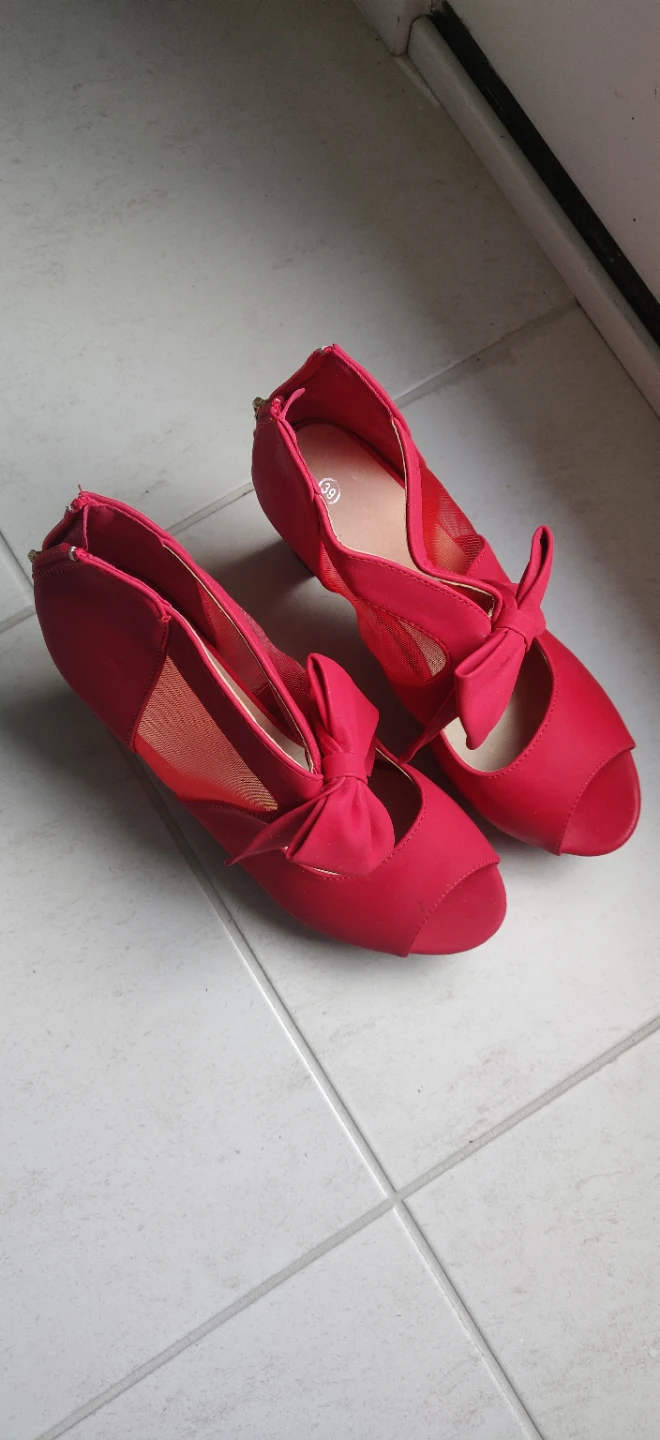 Red Open-Toe Heels with Bows