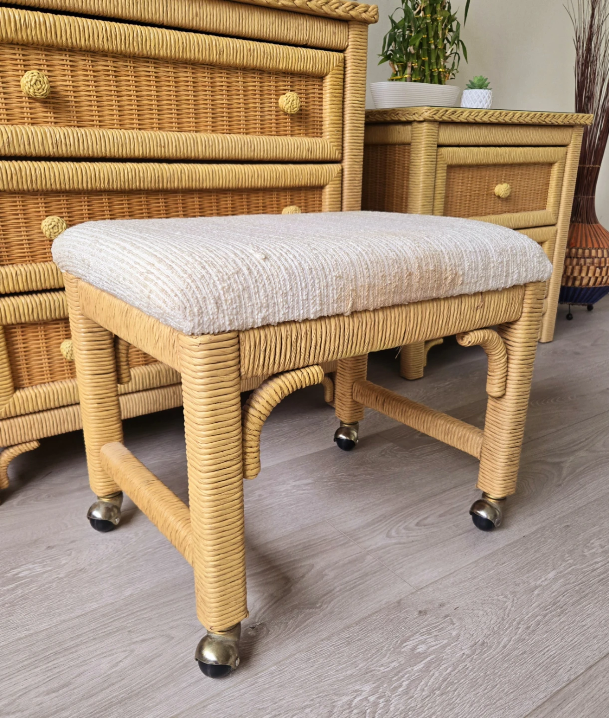 Rattan Wicker Rolling Ottoman With Beige Fabric - photo 2