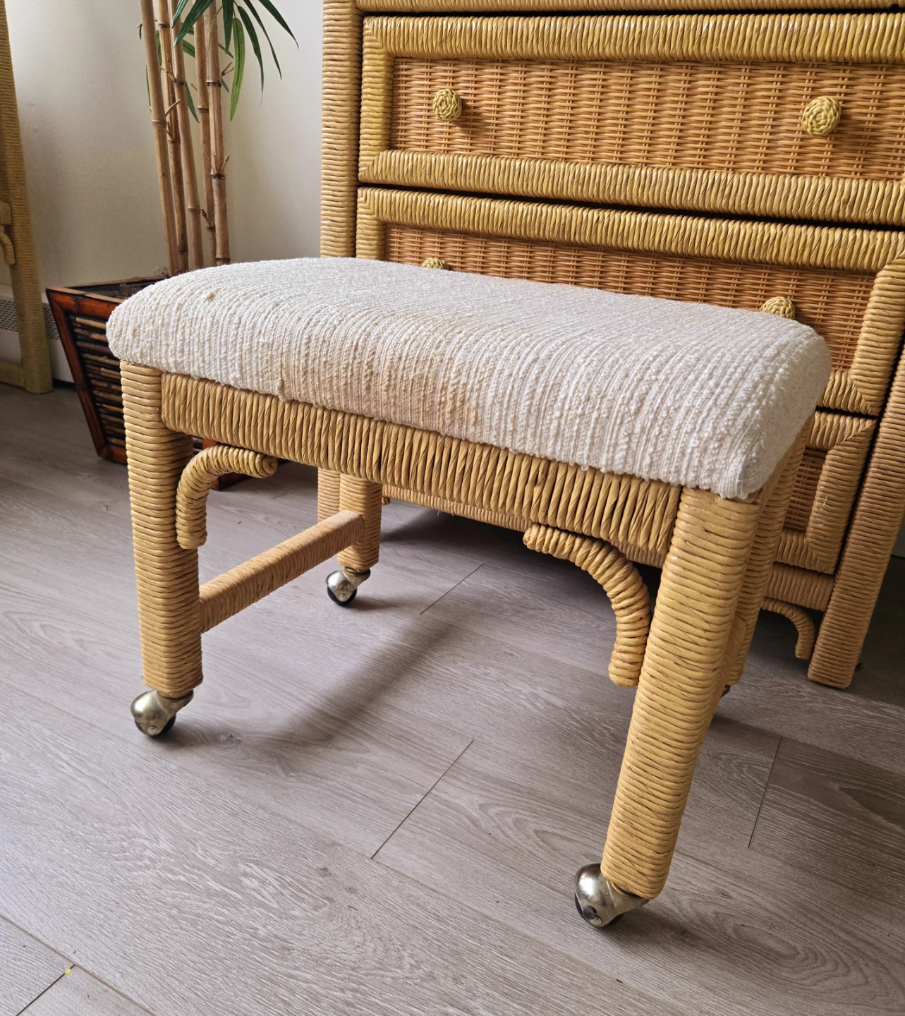 Rattan Wicker Rolling Ottoman With Beige Fabric - photo 3