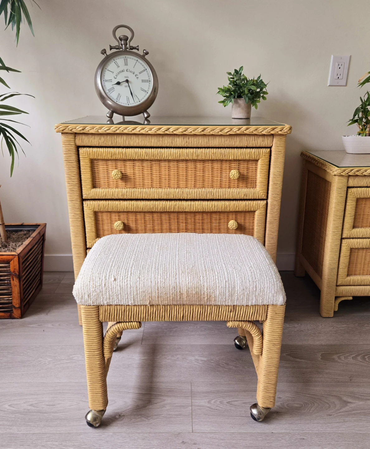 Rattan Wicker Rolling Ottoman With Beige Fabric - photo 4