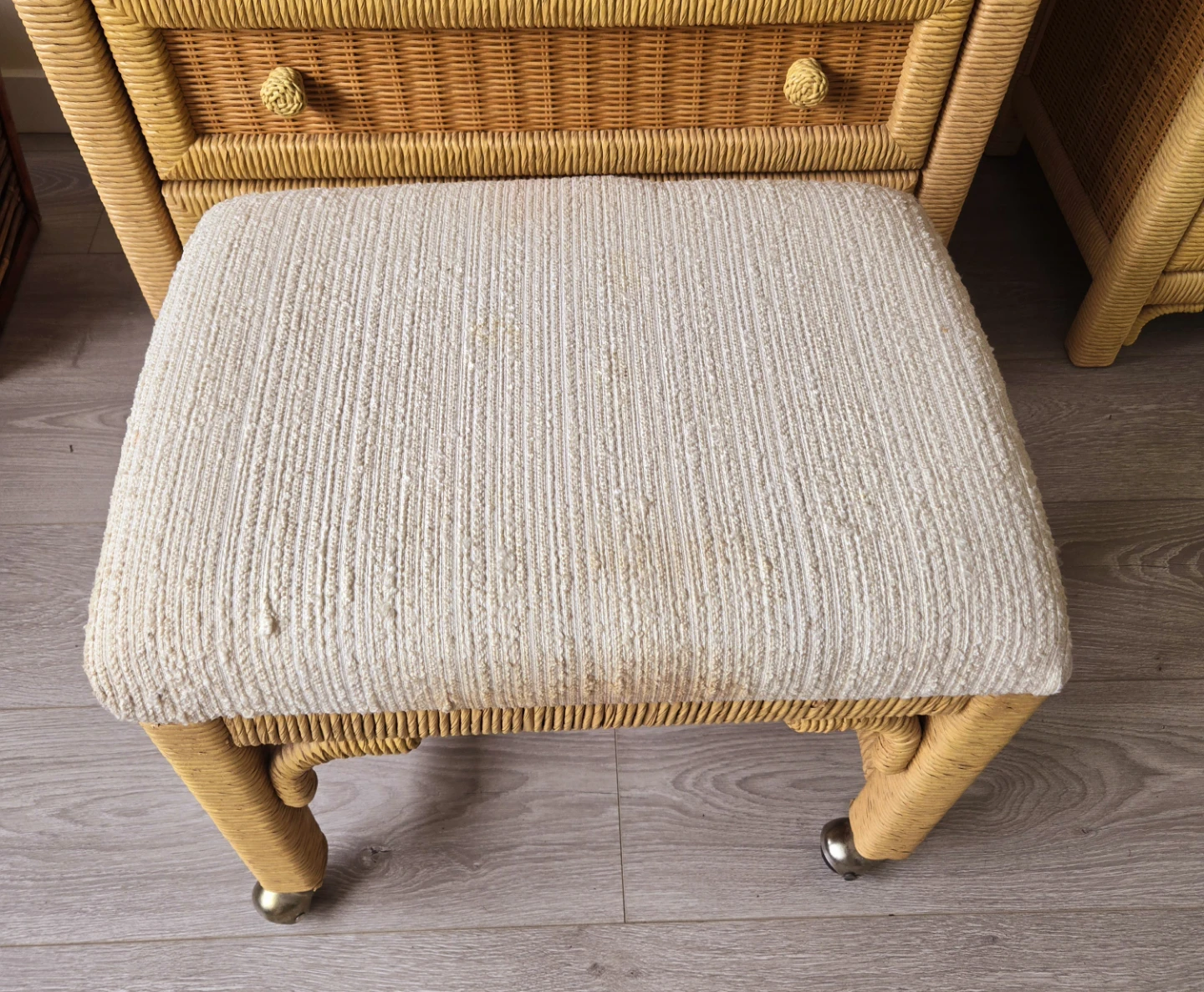 Rattan Wicker Rolling Ottoman With Beige Fabric - photo 5