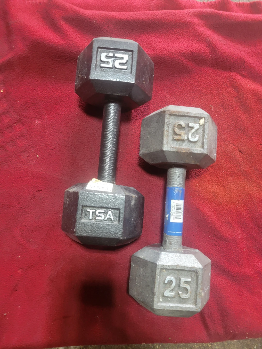 SET OF 25LB.  HEXHEAD DUMBBELLS TOTAL 50LBs   MIXED BRANDS
