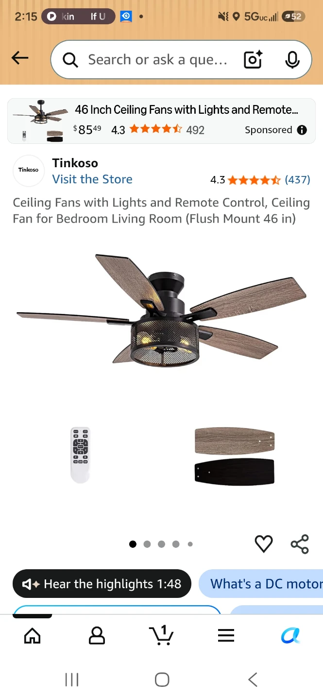46 Inch Ceiling Fan with Light and Remote - Flush Mount