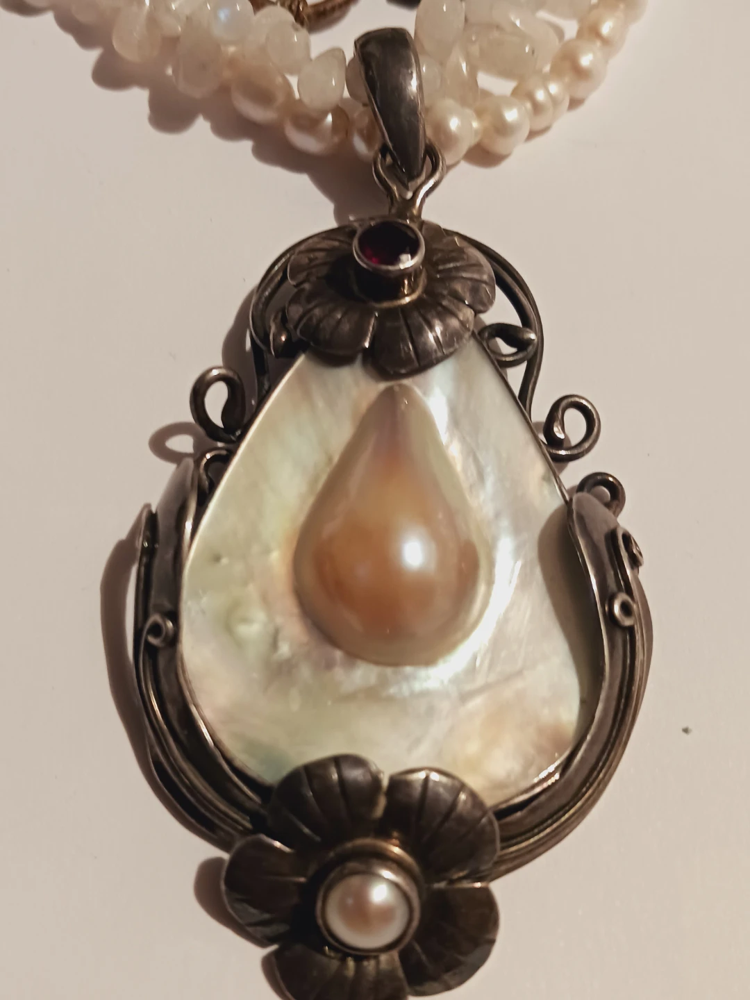 Stunning Sterling Silver 925 Pearl :& Garnet Pendant Necklace - photo 4