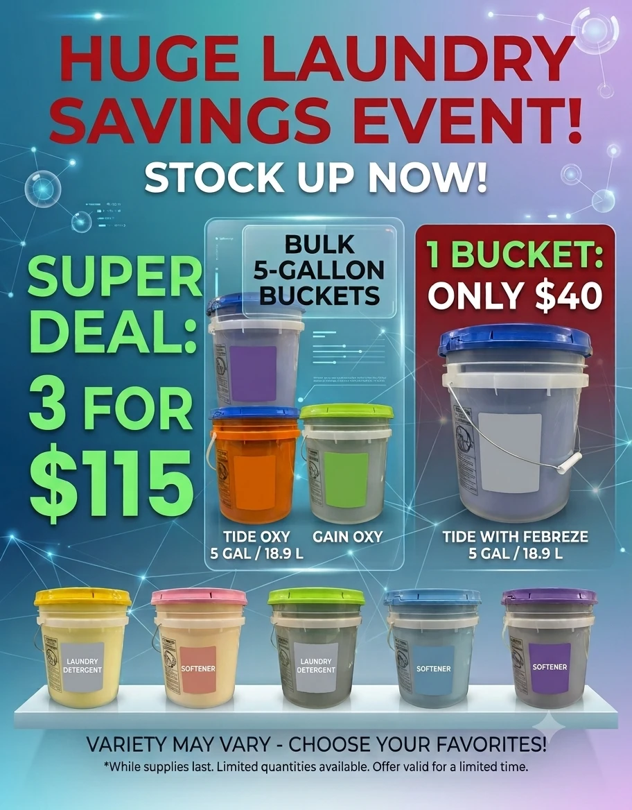 Bulk 5-Gallon Laundry Detergent and Softener Buckets