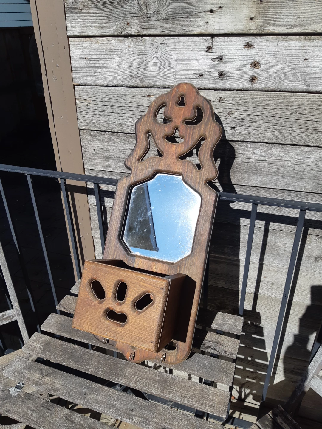 Vintage Mirror with Carved Wooden Frame and Wall Pocket Planter - photo 2