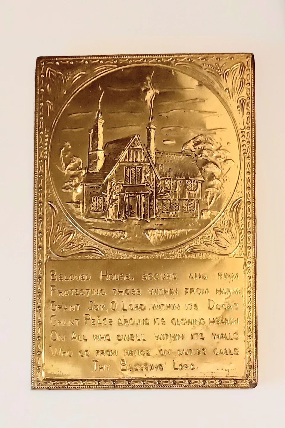 Antique Elpec Repousse Brass Blessing Plaque