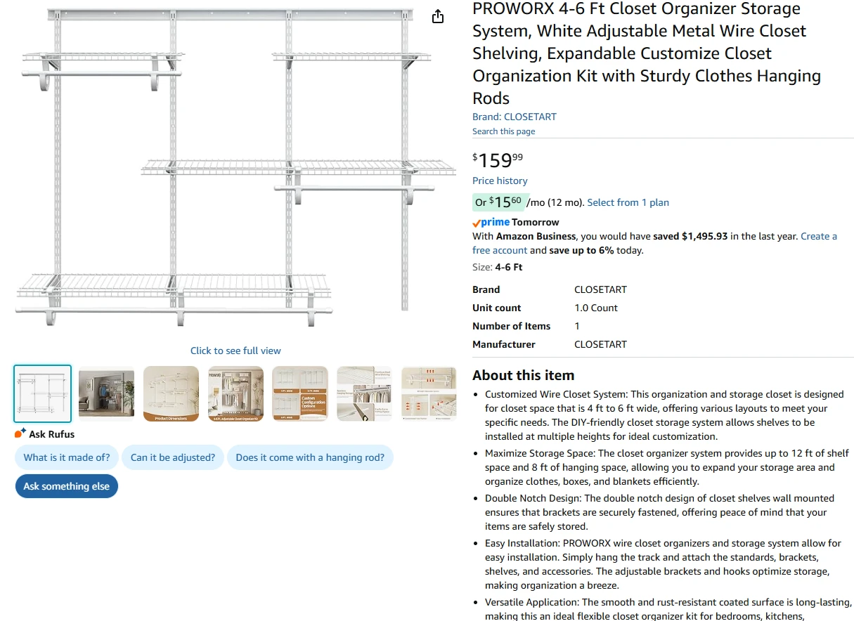 PROWORX 4-6 Ft Closet Organizer Wire Shelving System White - photo 2