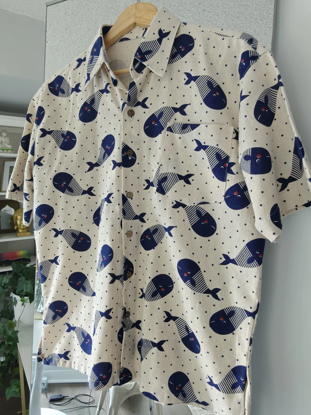 Cream Whale Print Short Sleeve Button-Up Shirt