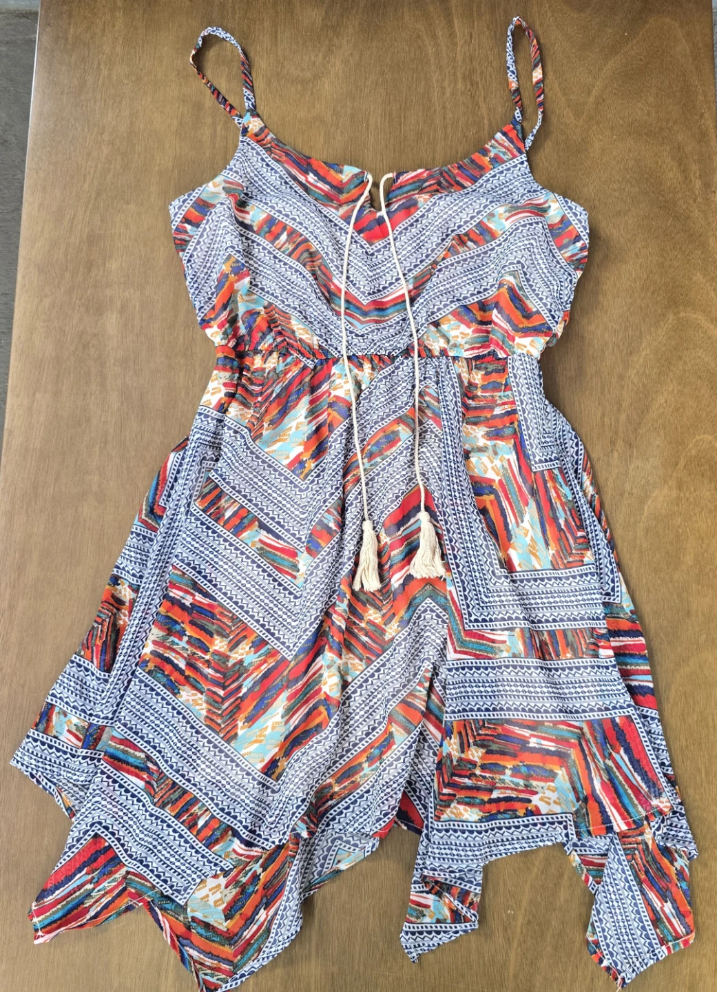 Colorful Geometric Sleeveless Dress - Size L - Tassel Tie Neck