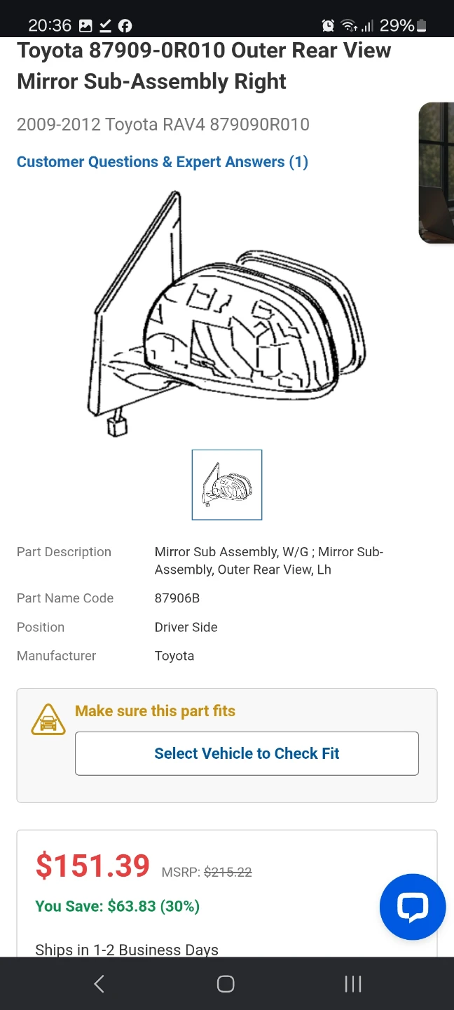 Toyota Outer Rear View Mirror Sub-Assembly Right 87909-0R010 - photo 5