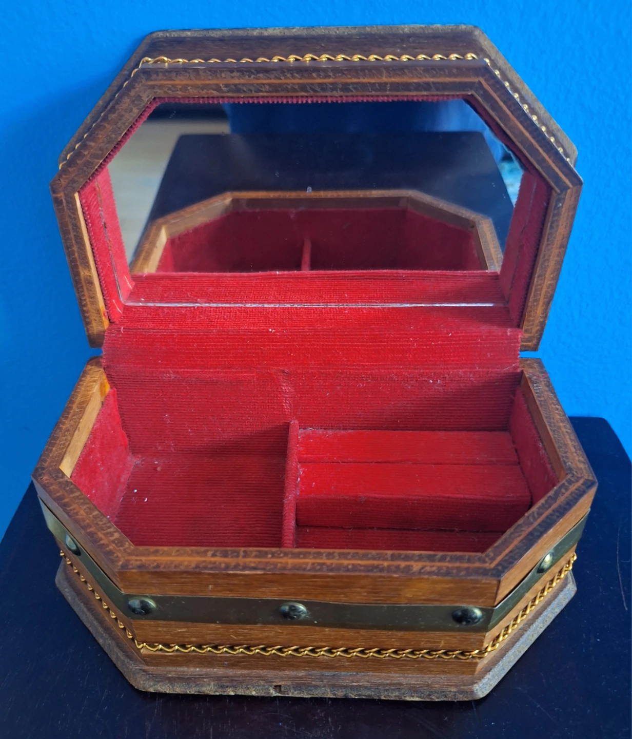 Vintage Wooden Octagonal Trinket Box with Mirror