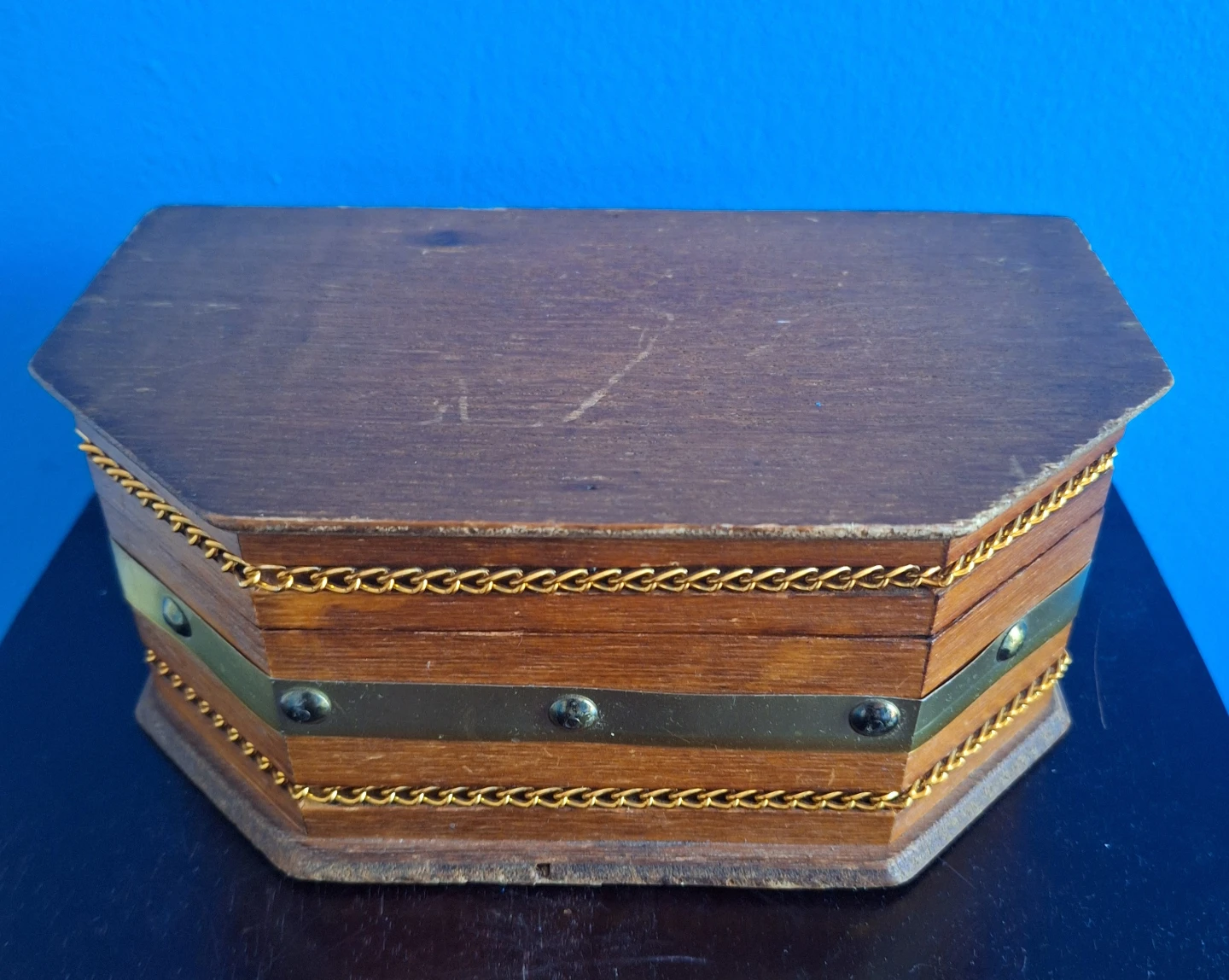 Vintage Wooden Octagonal Trinket Box with Mirror - photo 2