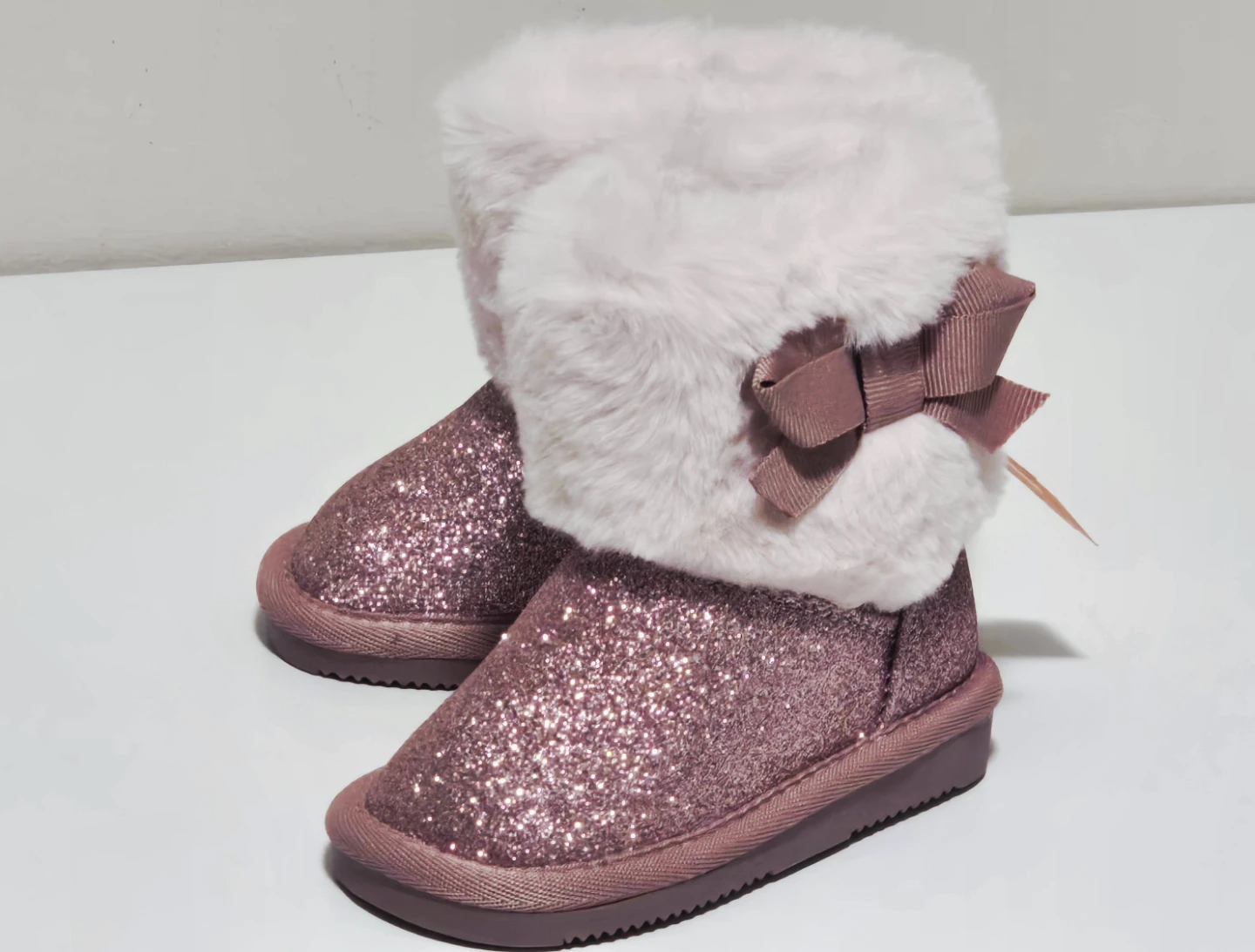 Girls Pink Glitter Boots with Faux Fur Trim