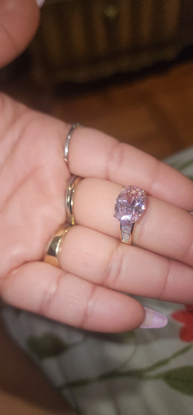 Gold platted Pink Oval Cut Ring with Baguette Accents - photo 4