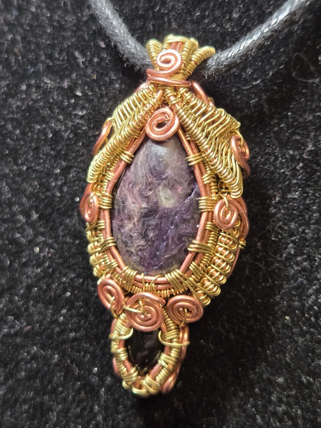 Charoite and Black Tourmalime Wire-Wrapped Pendant