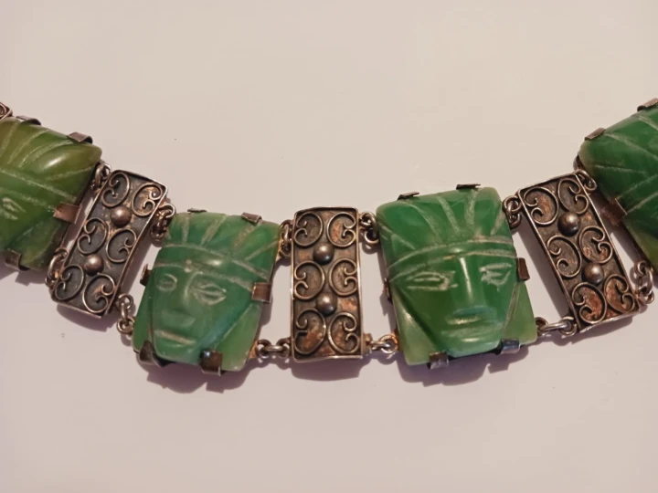 Sterling Silver 925 Tlaloc Aztec Mayan Warrior Jade Bracelet - photo 2