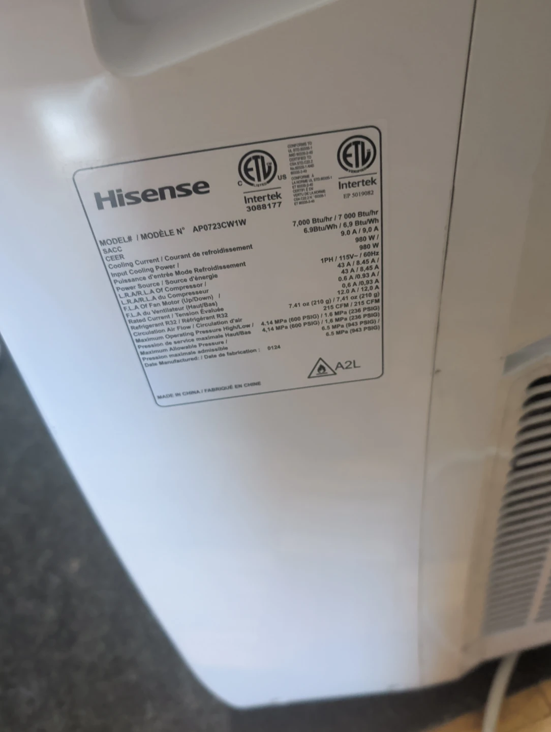 Hisense Portable Air Conditioner AP0723CW1W - photo 5