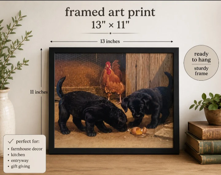 Framed Art  - Puppies and Rooster