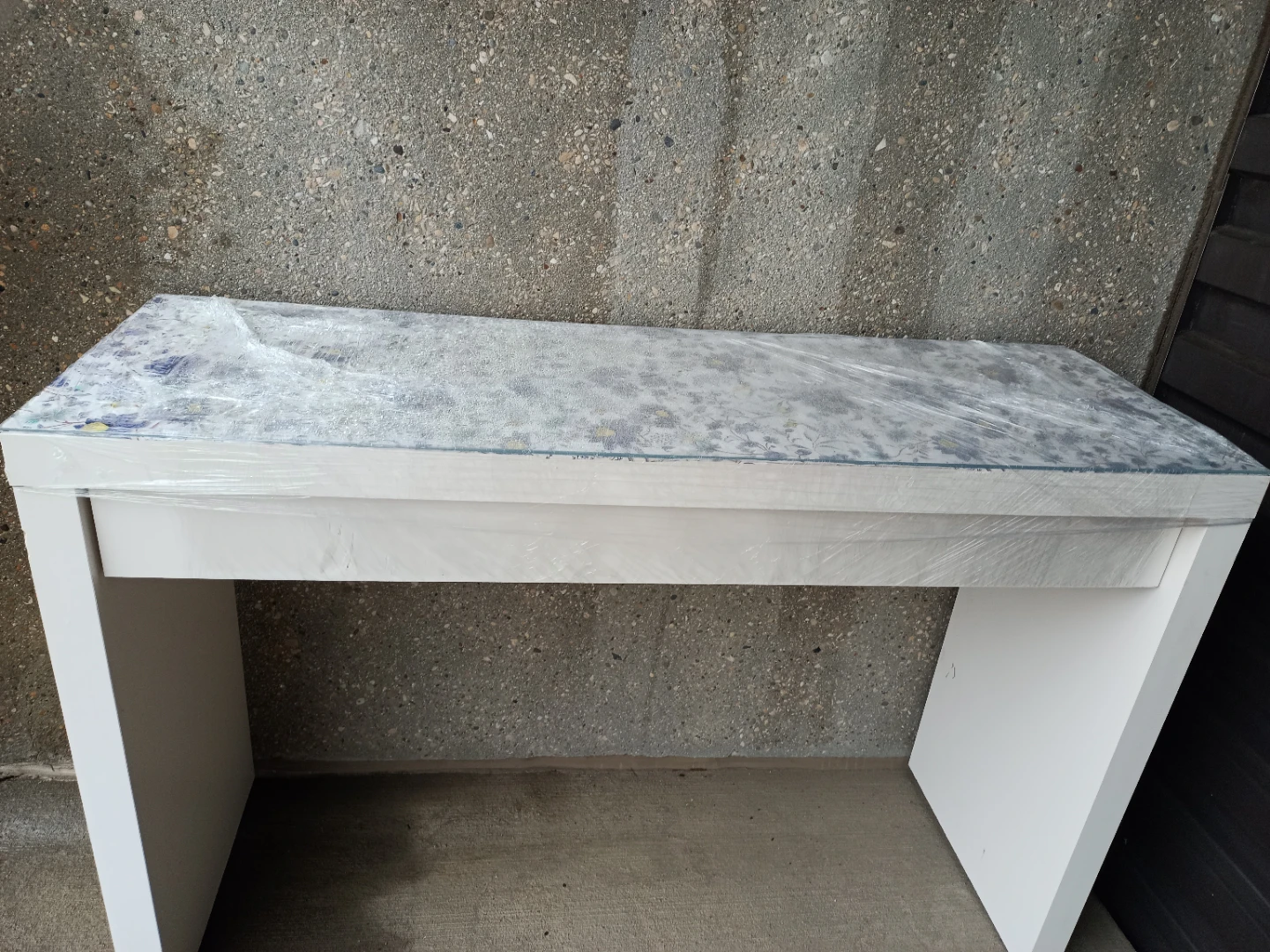 White Console Table with Floral Glass Top