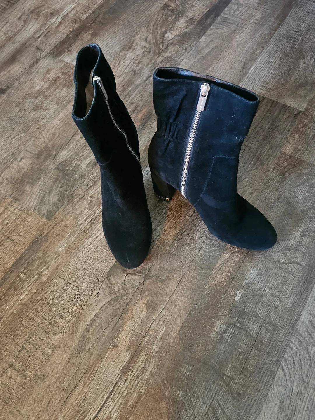 Michael Kors Black Suede Block Heel Ankle Boots with Zipper
