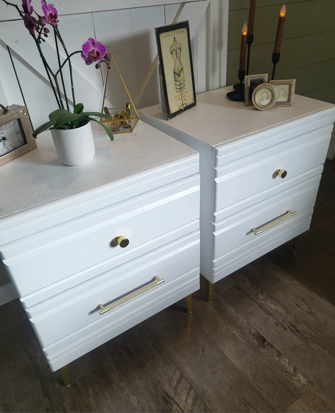 White Nightstands with Gold Accents (Set of 2)
