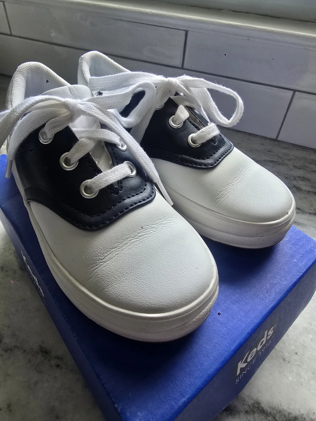 Keds Kids Shoes White/Navy Leather Lace-Up Sneakers - photo 2