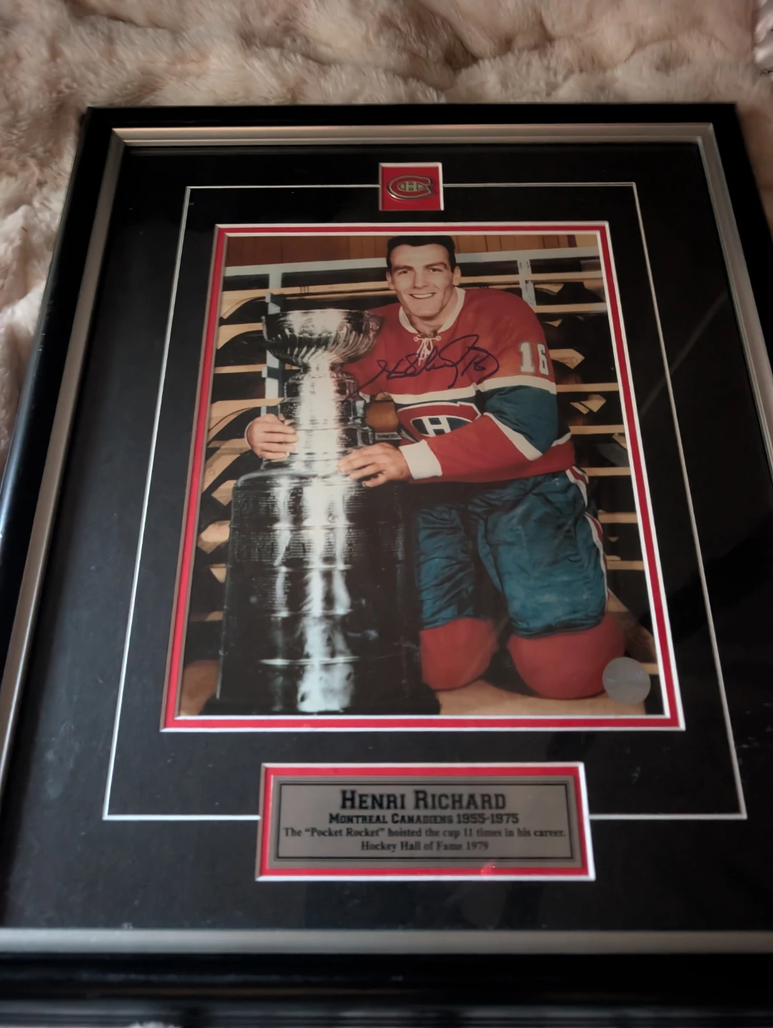 Henri Richard Framed Autographed Photo with Stanley Cup
