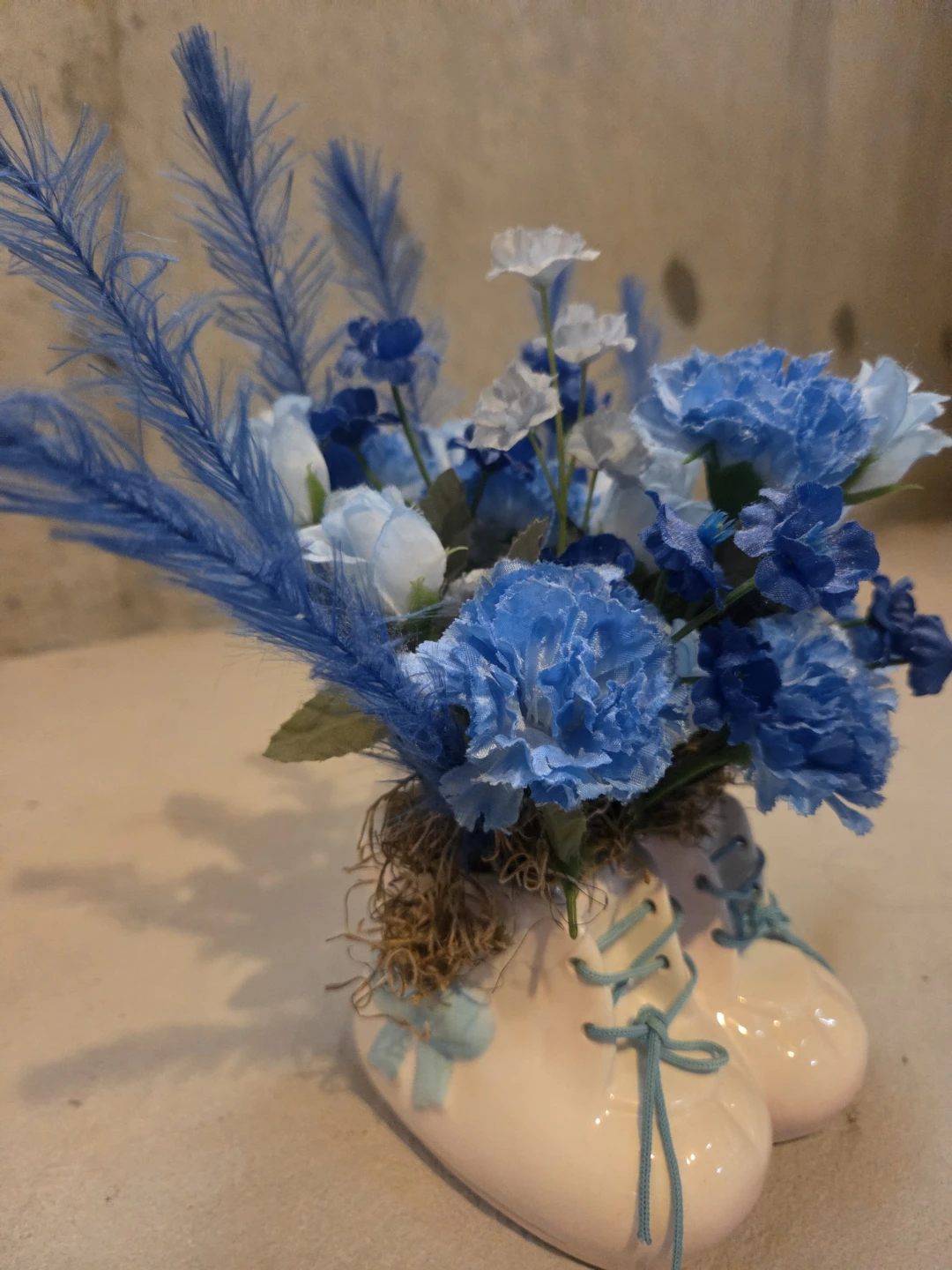 Blue Floral Arrangement in Baby Bootie Vase - photo 3