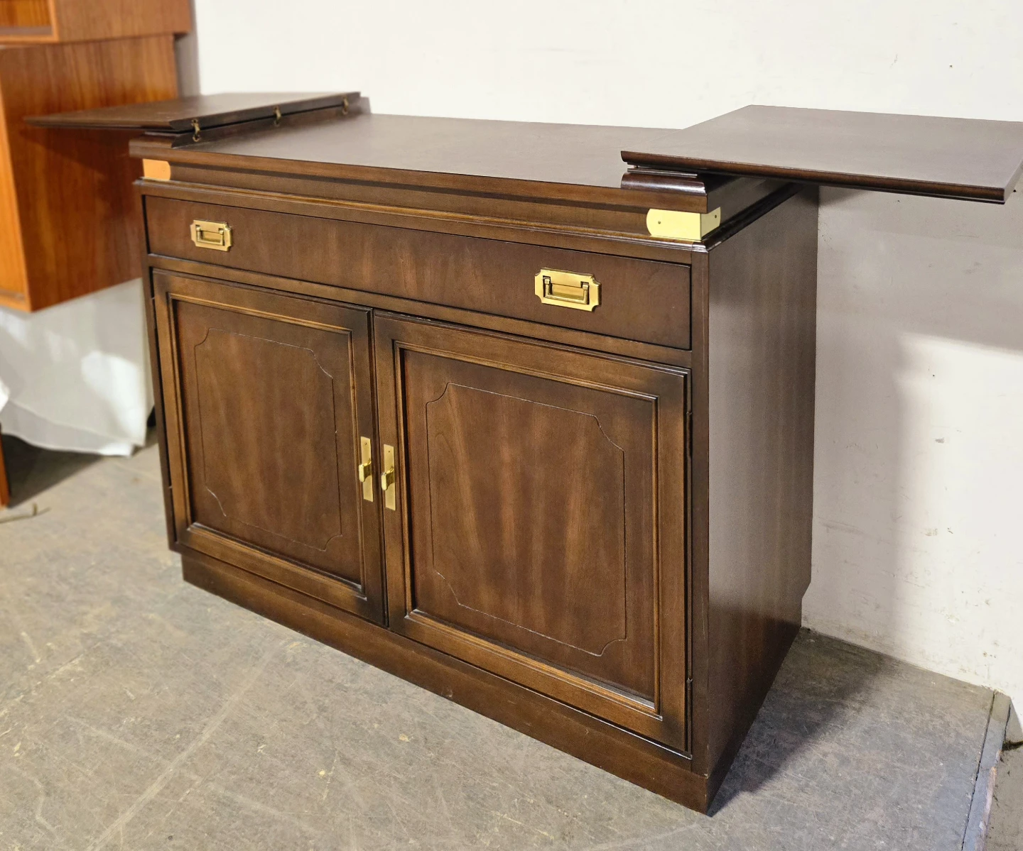 Solid Walnut Flip Top Buffet With Brass Accents On Caster Wheels