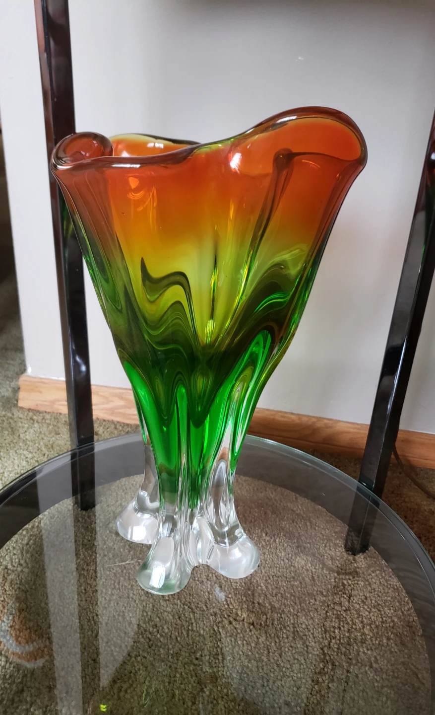 Vintage Swirl Art Glass Vase - Orange & Green - photo 3
