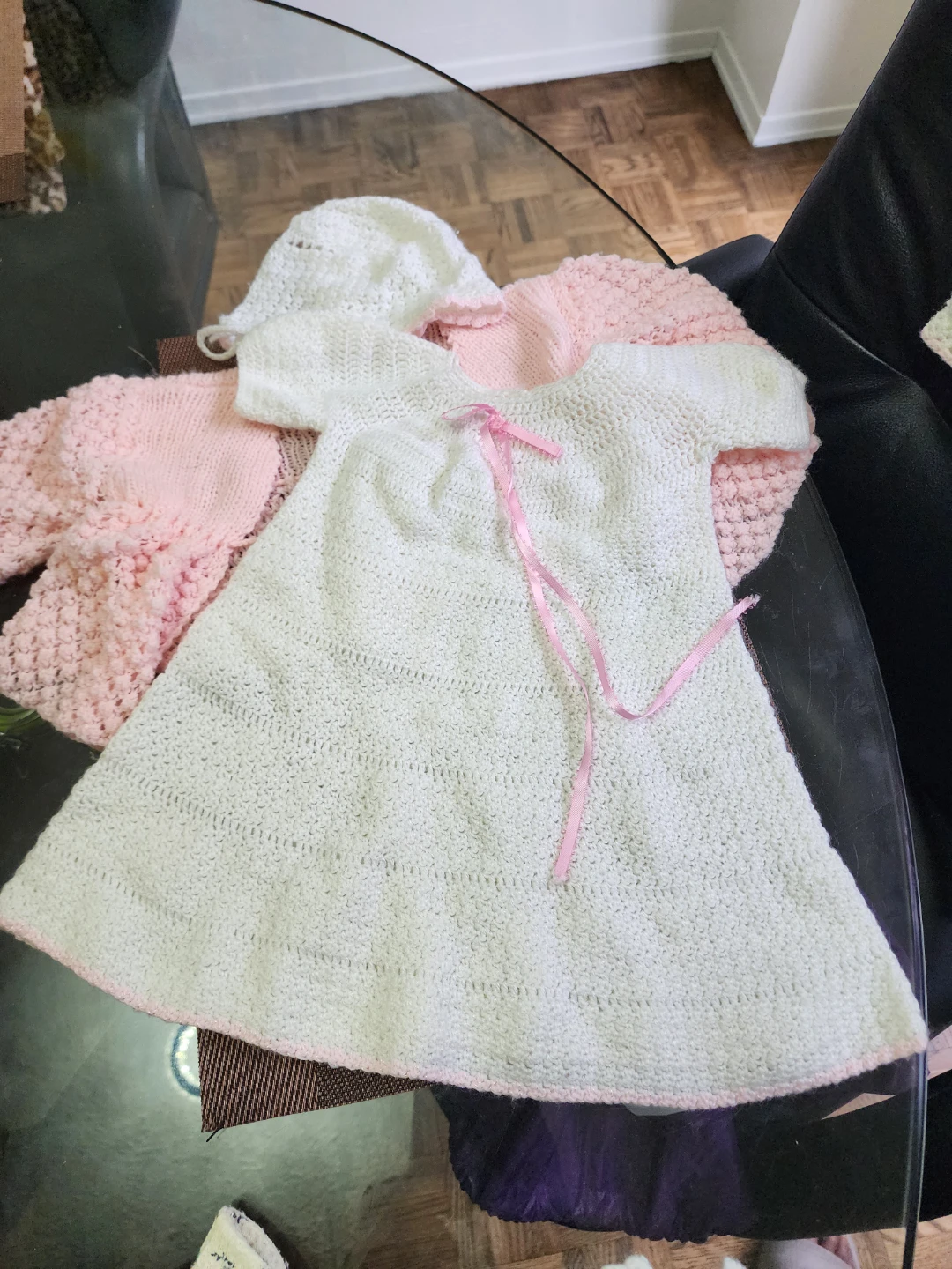 White & Pink Knit Baby Outfit Set with Bonnet and Booties - photo 4