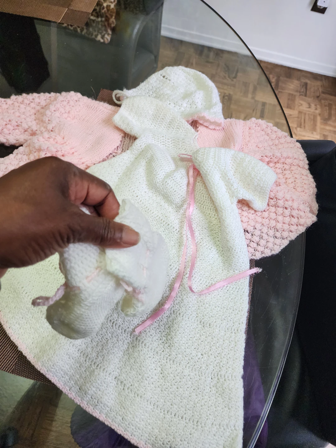 White & Pink Knit Baby Outfit Set with Bonnet and Booties - photo 5