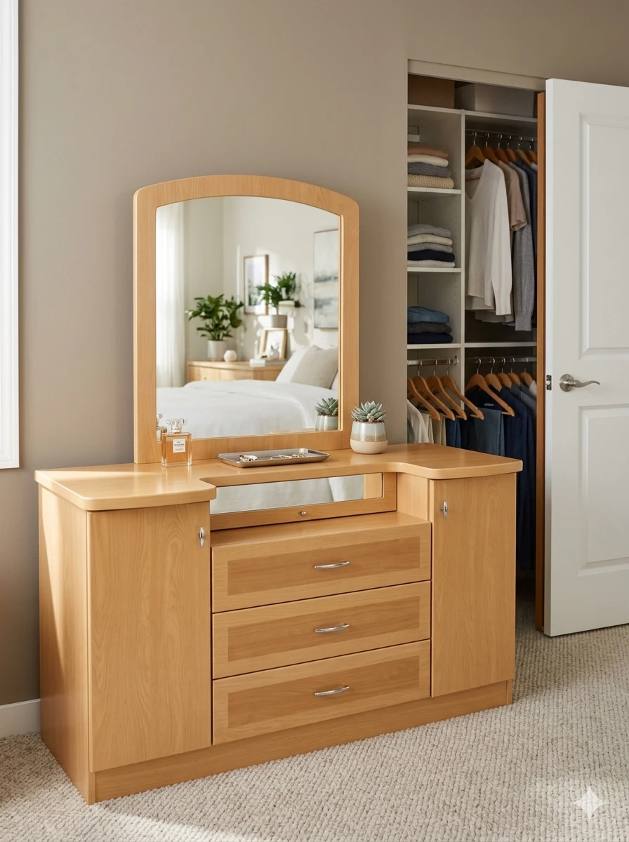 Mid-Century Modern Light Wood Vanity with Arched Mirror