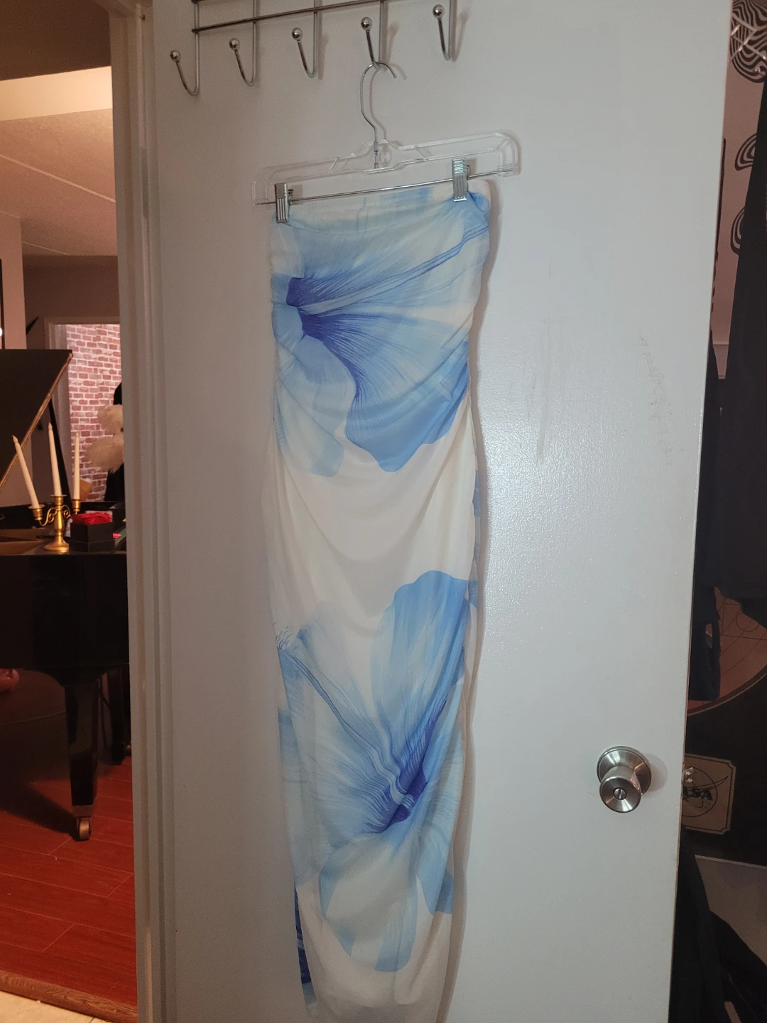 Strapless ruched maxi dress with blue floral print