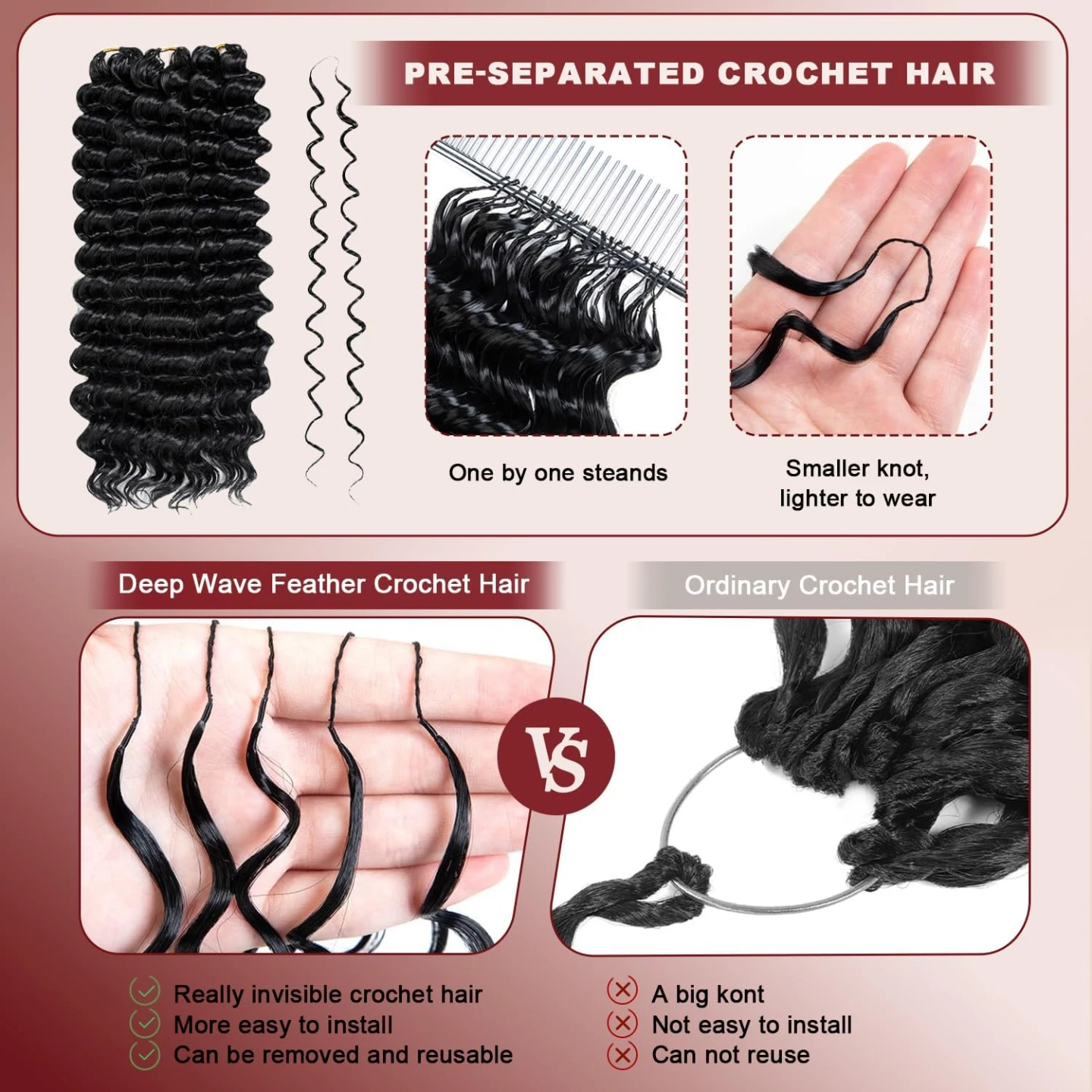 Hair 16 Inch Invisible Feather Crochet Hair Deep Wave - photo 4
