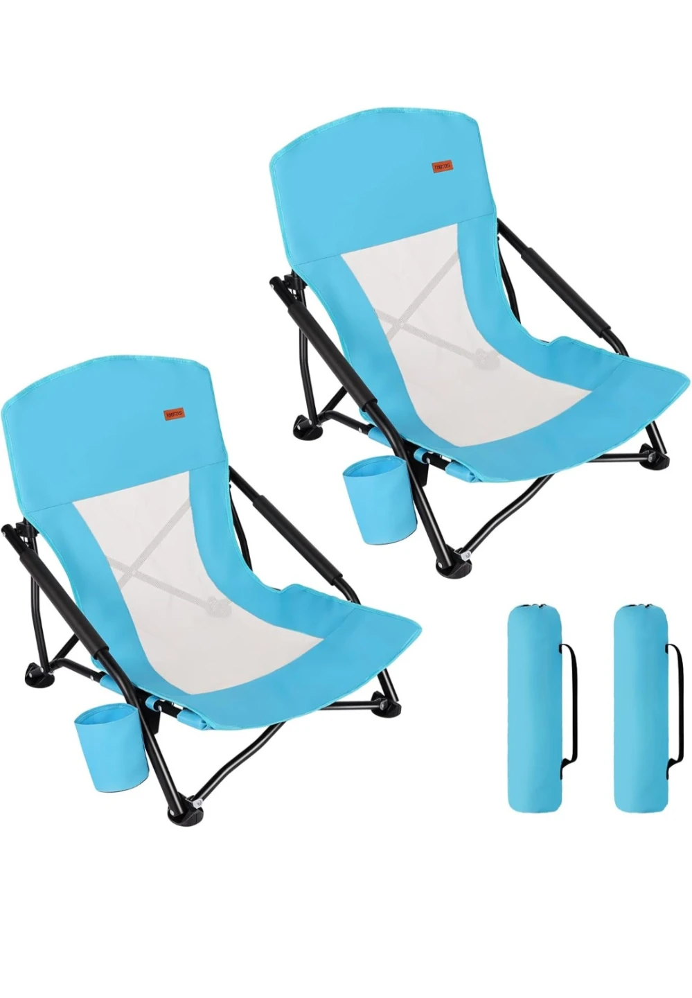 2 Blue Lightweight Beach  Chairs with Cup Holders