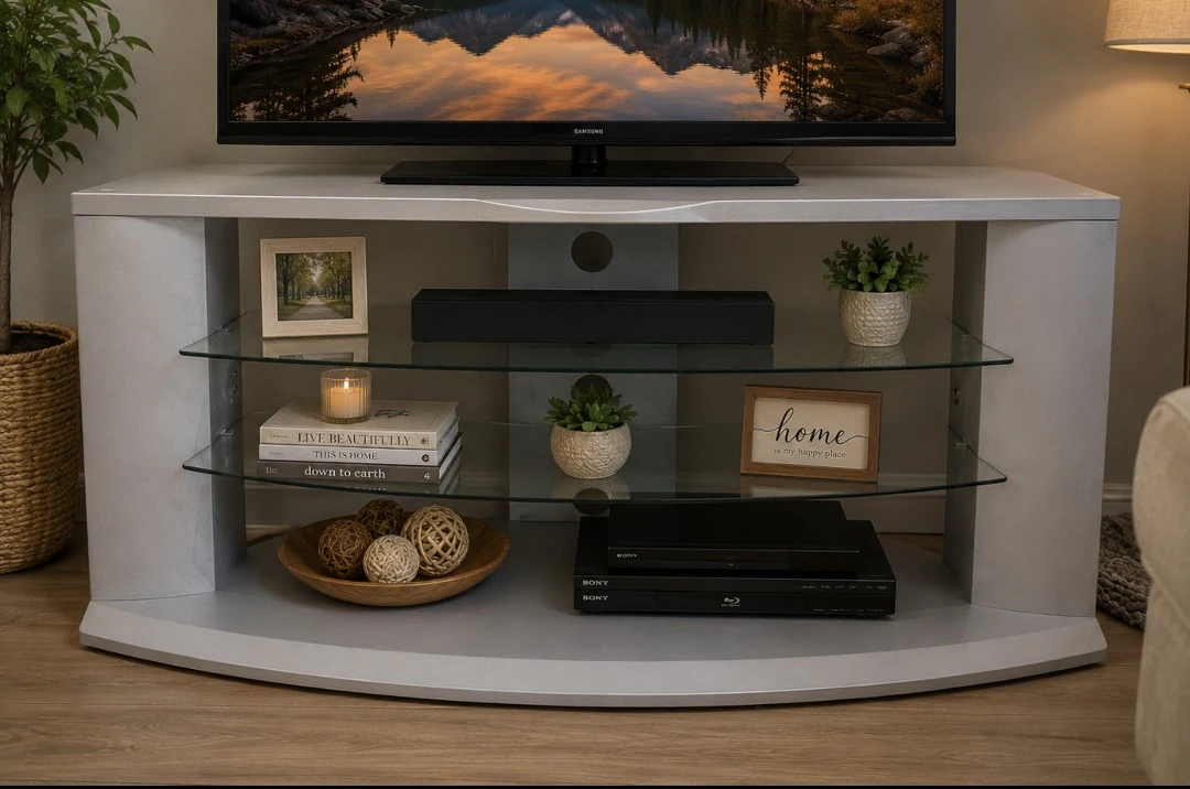 Grey TV Stand with Glass Shelves