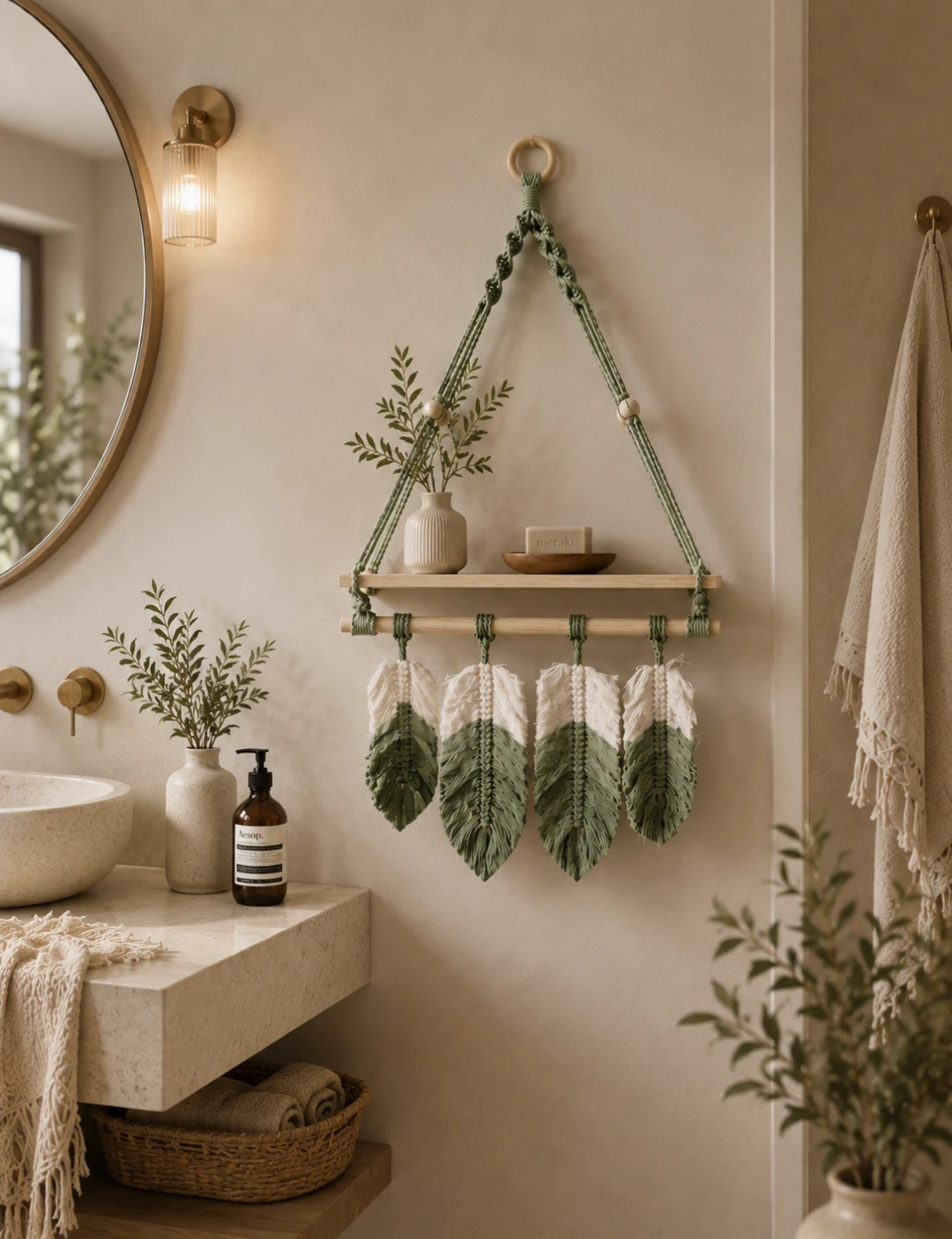 Boho Macrame Wall Shelf with Feather Dangles