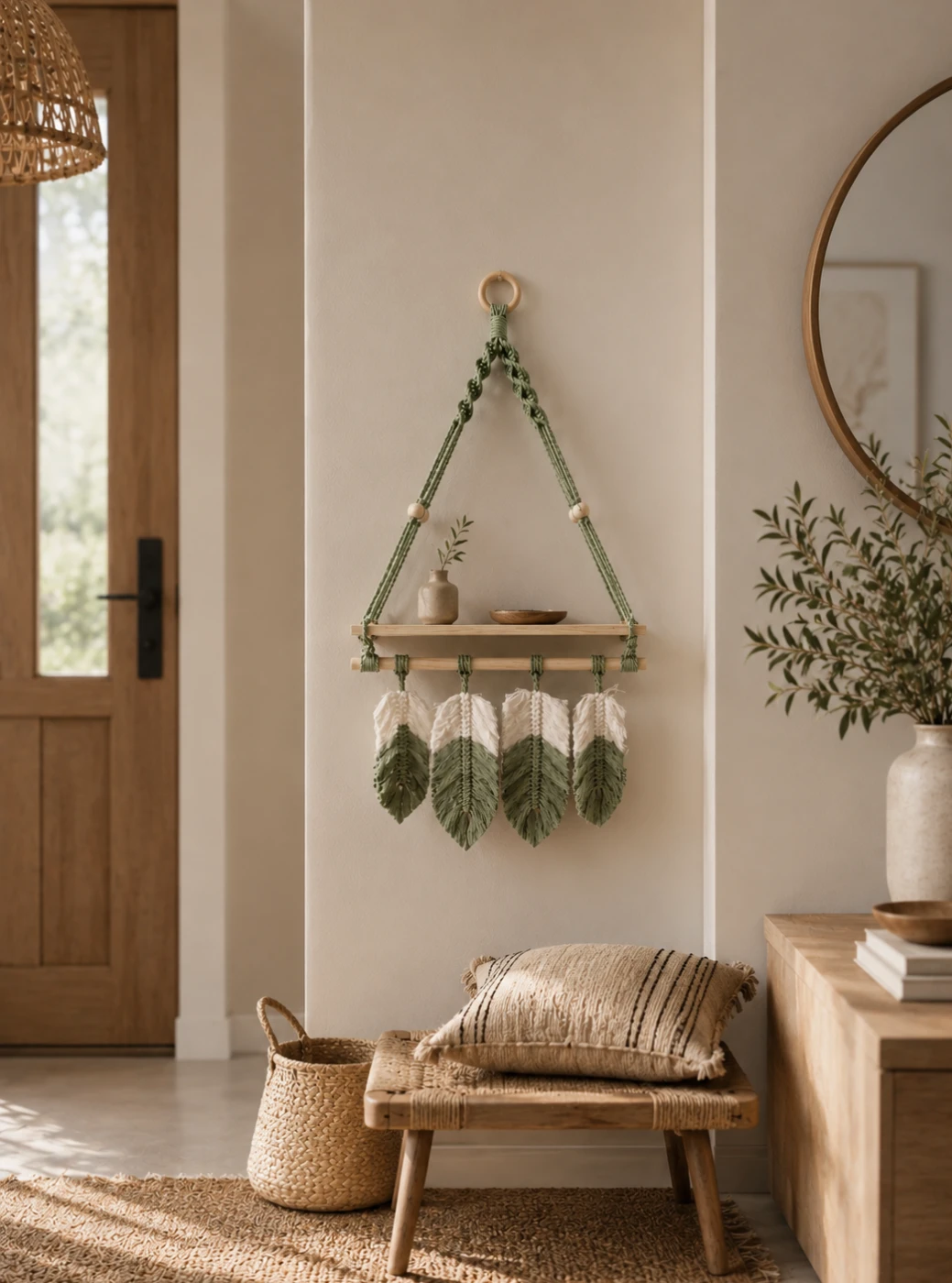 Boho Macrame Wall Shelf with Feather Dangles - photo 3